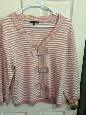 Adrianna Papell Pink and White Striped V-Neck Sweater with Bow Accents